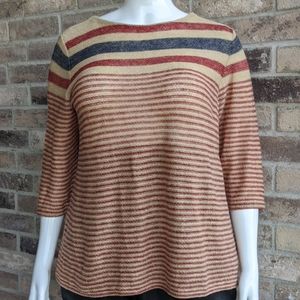Red, blue and cream 3/4 sleeve knit top